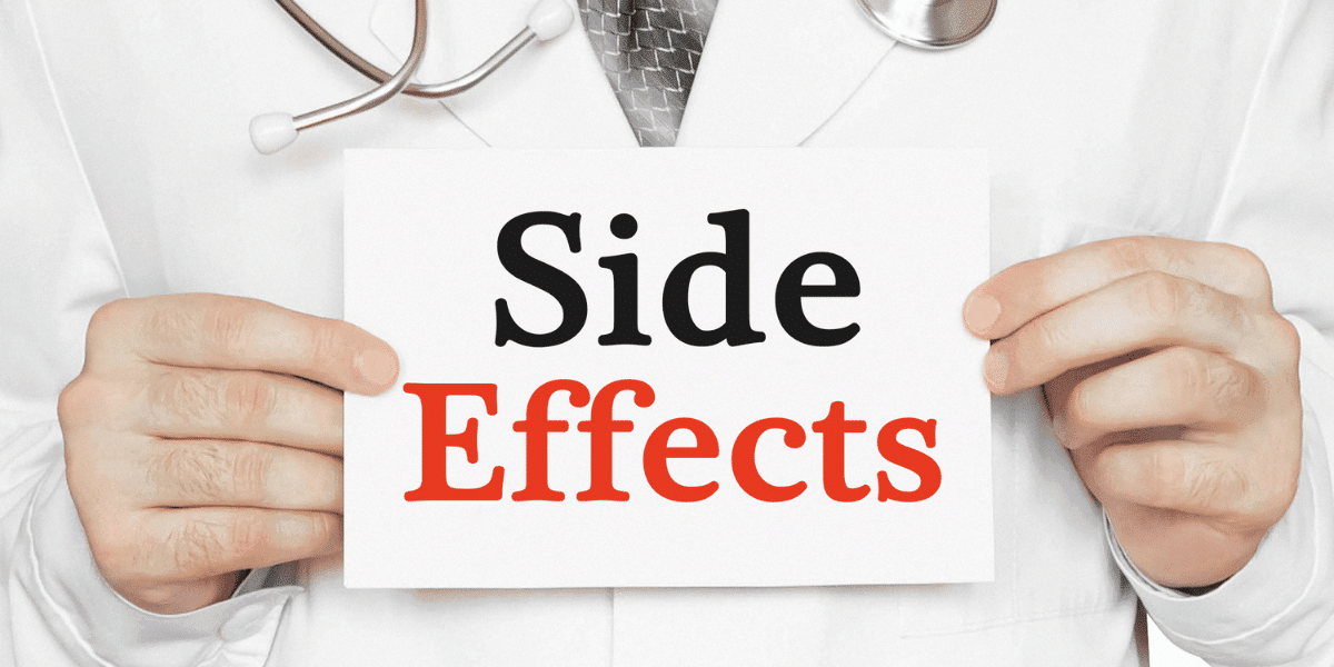 A doctor holding a small sign that says side effects