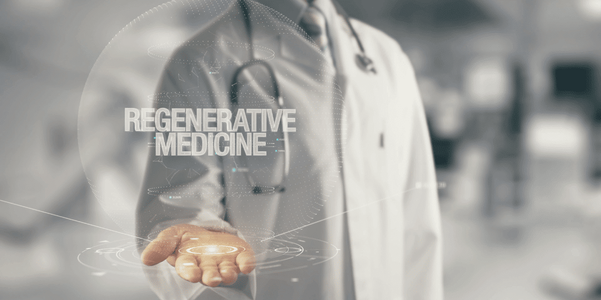 A medical professional holding their hand out and the text regenerative medicine